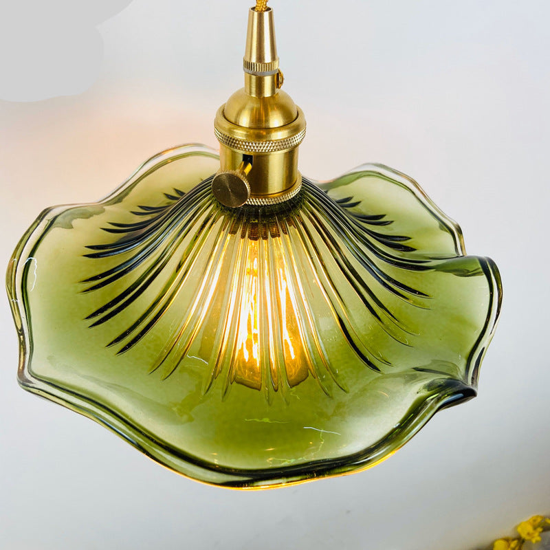 Lotus – Japanese Retro Pendant in Brass & Ribbed Glass
